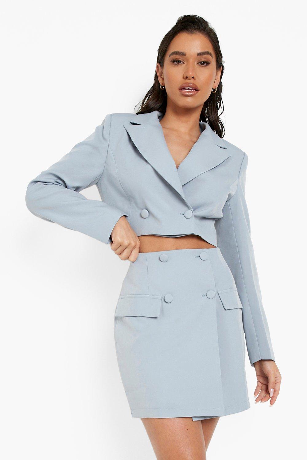 Tonal Crop Blazer ☀ Wrap Mini Skirt Set